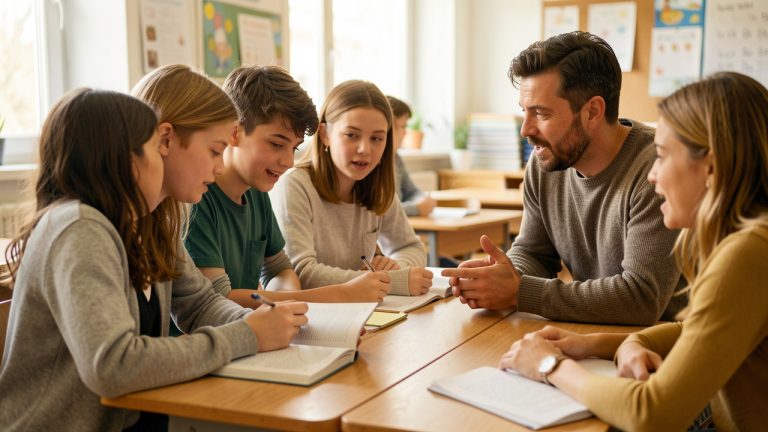 Un élève dyslexique lit un livre ouvert avec deux camarades pendant qu’un enseignant les accompagne dans une classe inclusive.