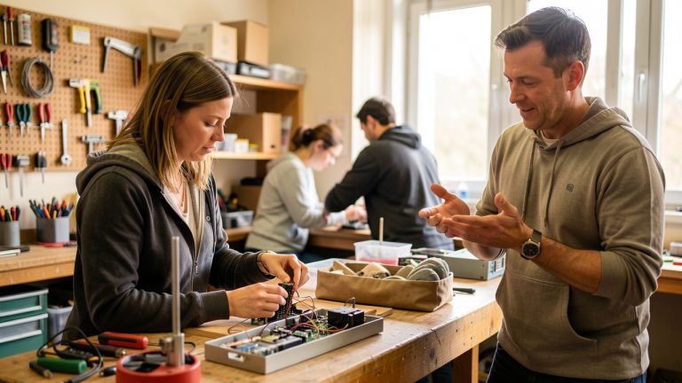 Une femme adulte reprend une formation professionnelle dans un atelier pratique, accompagnée par un formateur bienveillant.