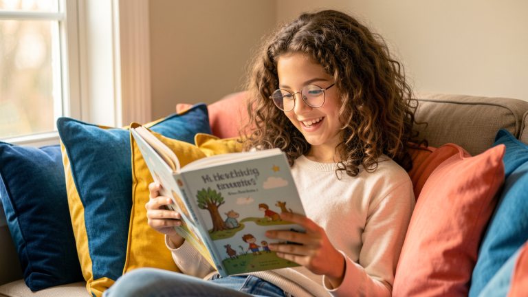 Une adolescente portant des lunettes lit avec plaisir un livre illustré ouvert, installée dans un coin confortable baigné de lumière chaude.
