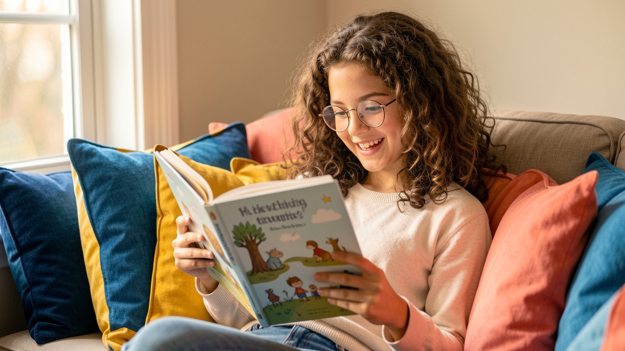 Une adolescente portant des lunettes lit avec plaisir un livre illustré ouvert, installée dans un coin confortable baigné de lumière chaude.