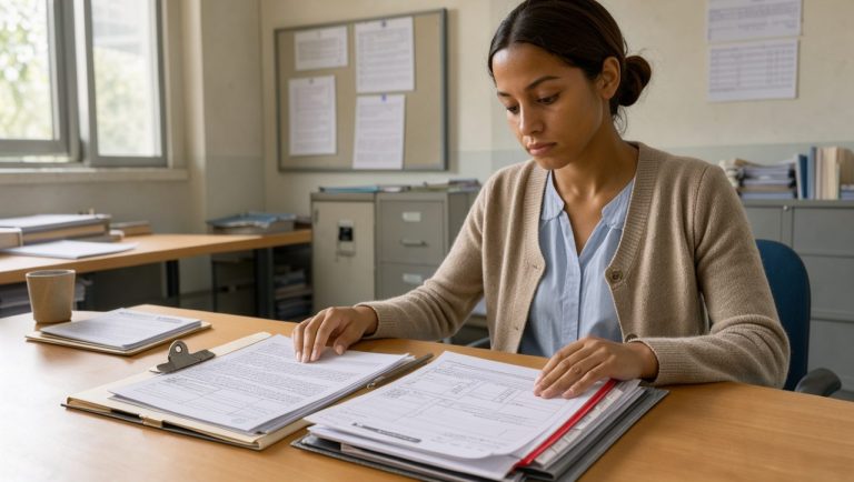 Jeune enseignante stagiaire assise à un bureau lumineux dans un lycée professionnel, organisant des documents administratifs.