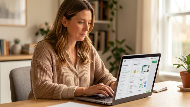 Femme adulte comparant des formations en ligne sur un ordinateur portable dans un bureau lumineux et rassurant.